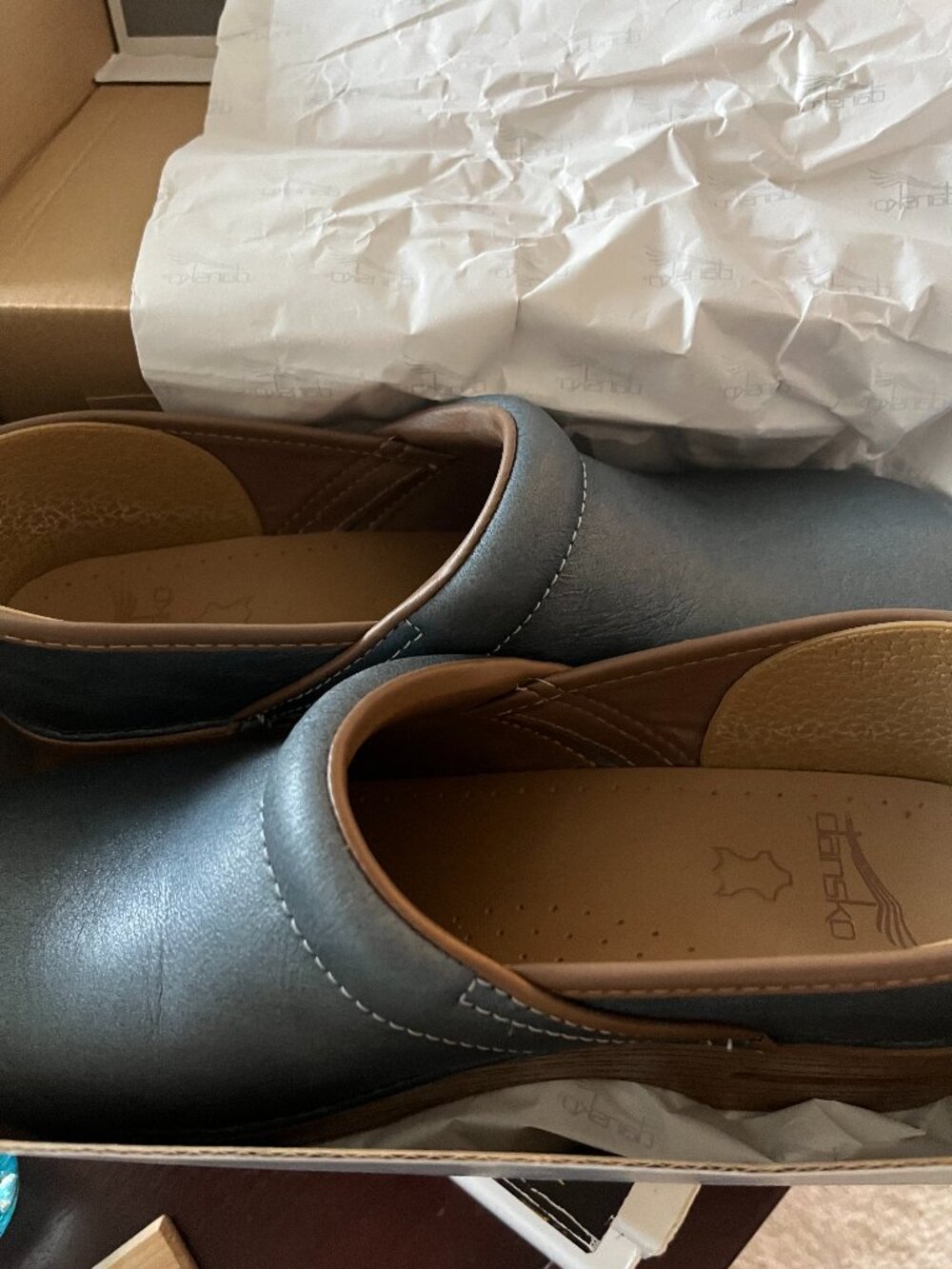 Dansko Two-Tone Blue and Brown Slip-On Clogs